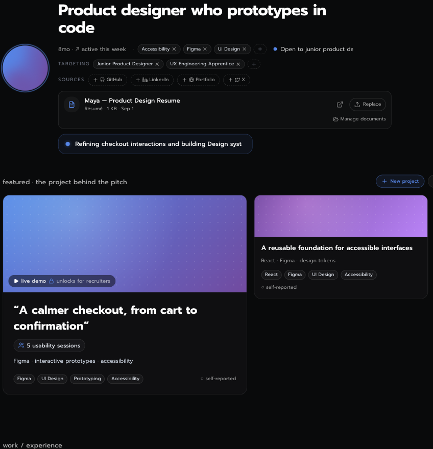 Portfolio interface showing profile context and project evidence.