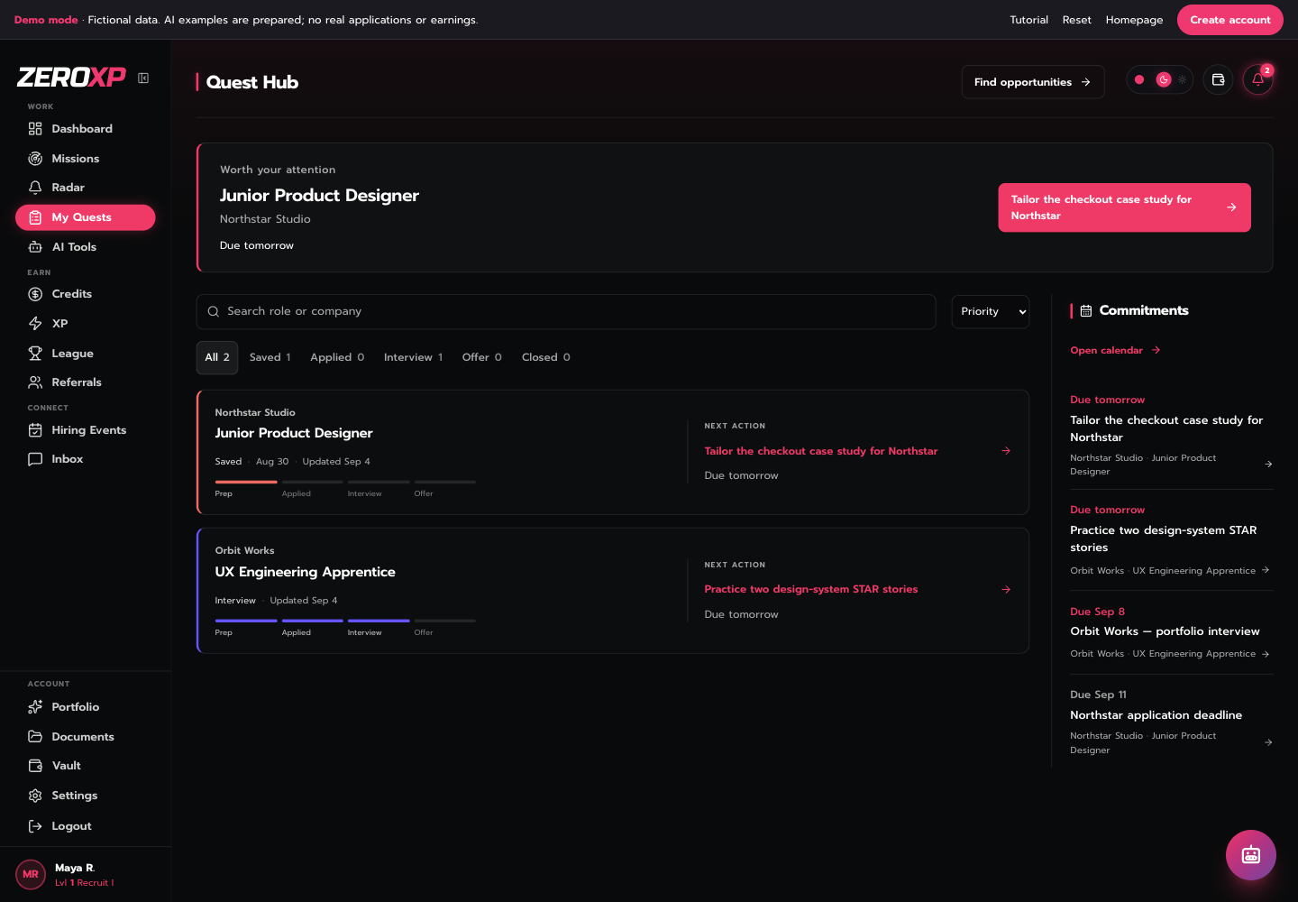Application Quest Hub showing roles by stage and upcoming commitments.